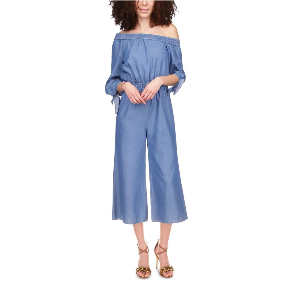 Michael Kors Women Blue Denim One Shoulder Wide Leg Cropped Jumpsuit Size XS